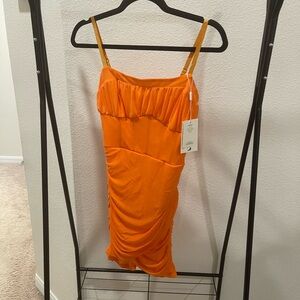Bright Orange Ruched Slip Dress with Tags